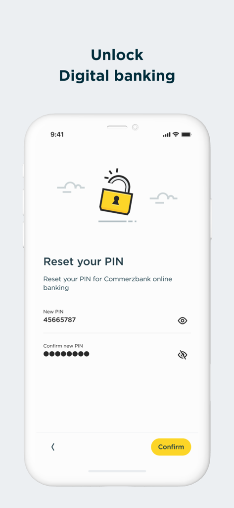 Commerzbank photoTAN app screen to reset PIN for digital banking