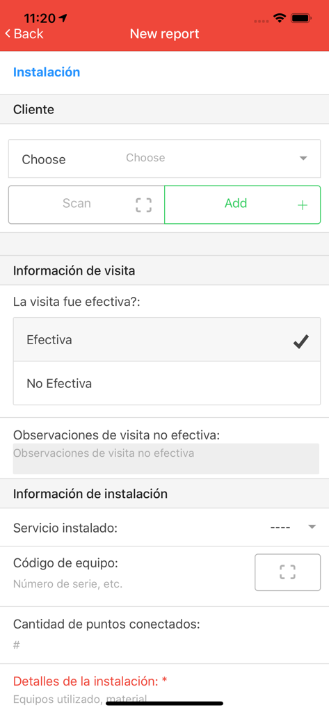 CityTroops - CityTroops mobile app interface showing a new report form for field agents to log visit and installation details.