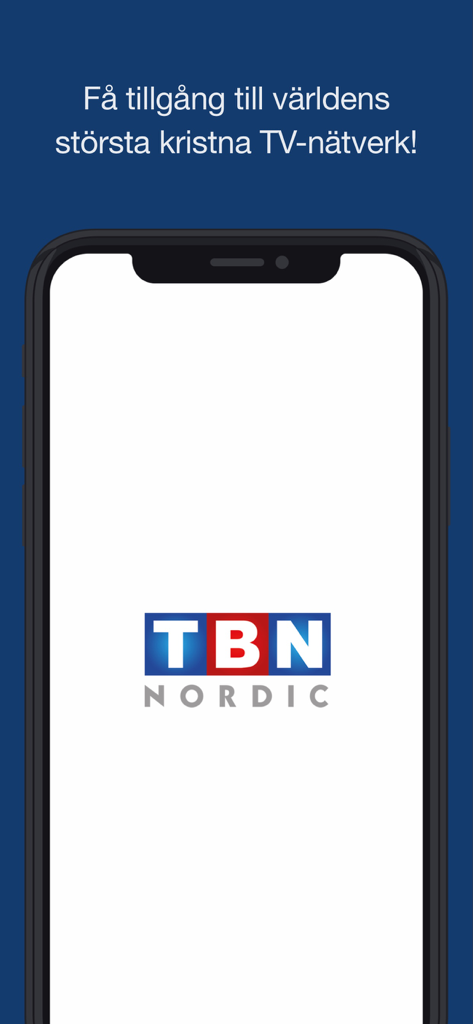TBN Nordic Play - Écran d'accueil de l'application TBN Nordic Play avec le logo et le texte suédois du plus grand réseau de télévision chrétienne au monde.