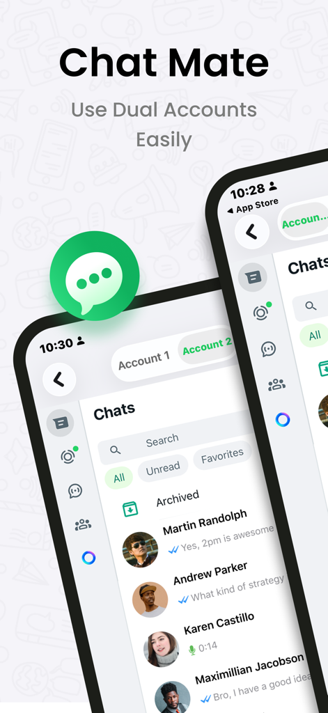 Dual App Manager: Chat Mate - Two smartphone screens showing the Chat Mate app interface with dual account management tabs for messaging
