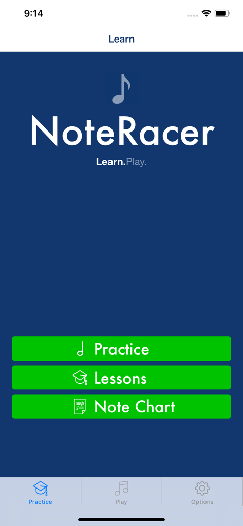 NoteRacer app home screen showing practice lessons and note chart options