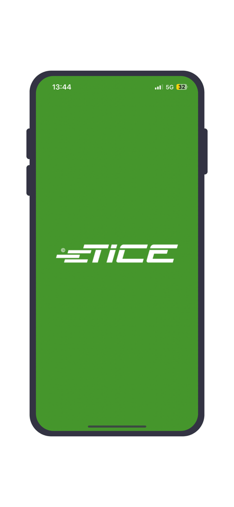Écran de lancement de l'application mobile TICE avec le logo de l'entreprise sur fond vert