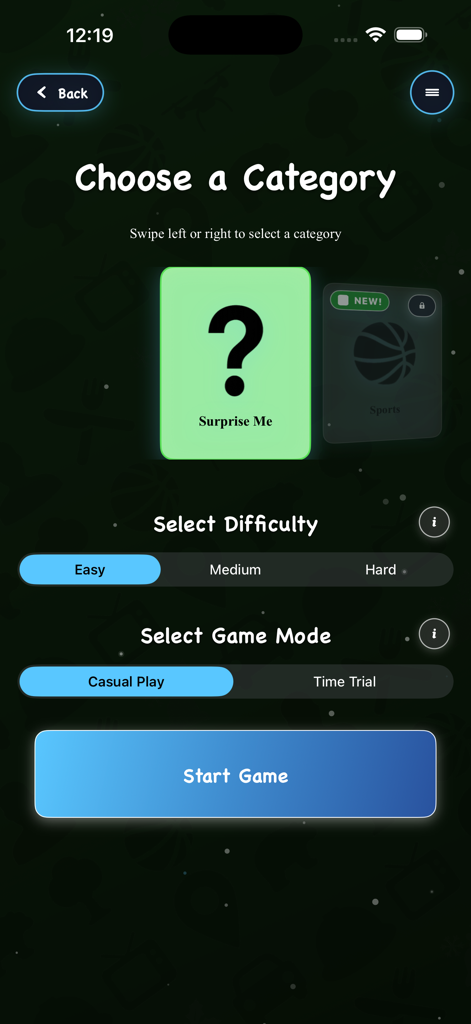 2Q 20 Questions game setup screen showing category and difficulty selection