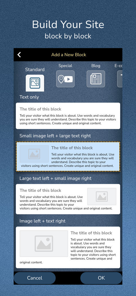 L'interface de l'application mobile SimDif présente différentes options de mise en page pour les blocs de site web, comme le texte et les images.