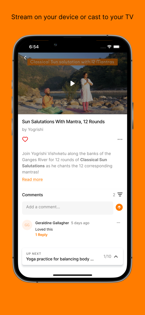 Akhanda Yoga Online - Mobile app screen showing a yoga video lesson of Sun Salutations with Mantra by Yogrishi at the Ganges River