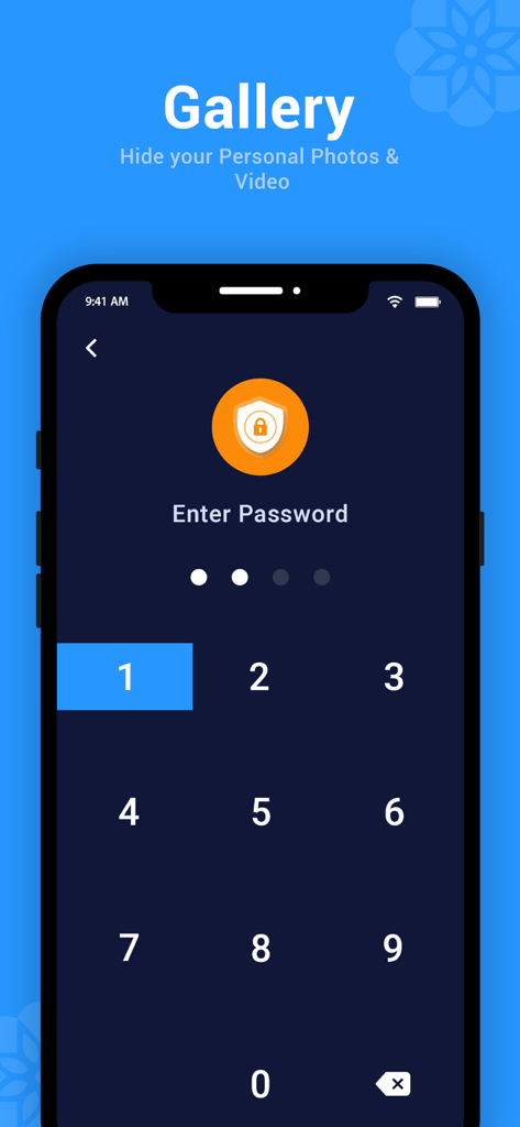 A secure mobile app interface showing a numeric keypad for PIN entry to unlock a private photo and video vault.