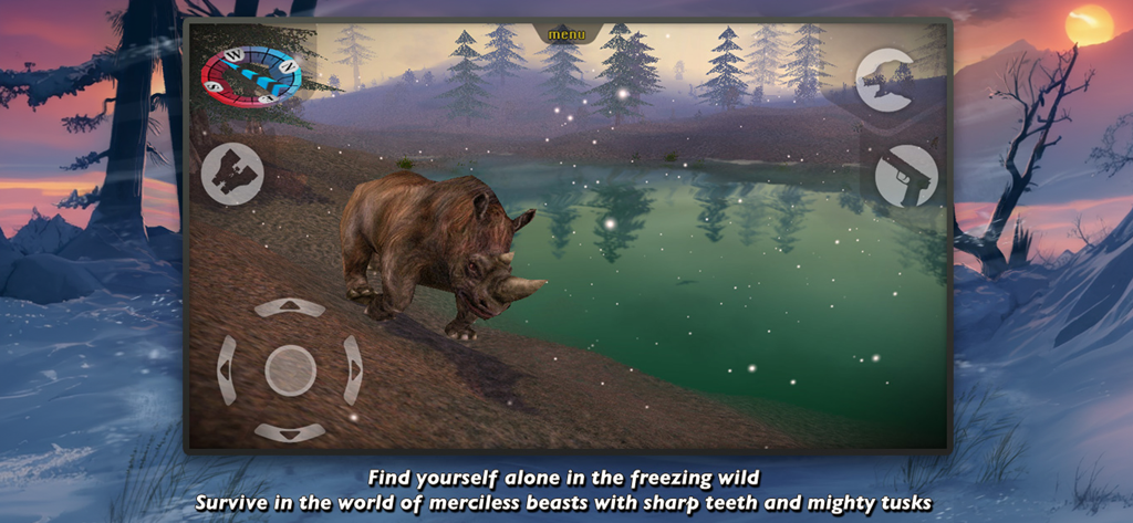 Captura de pantalla del juego Carnivores Ice Age Pro mostrando un rinoceronte lanudo en un paisaje nevado de un bosque cerca de un lago