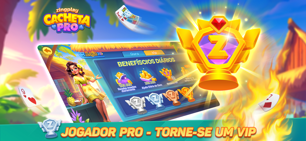 Cacheta ZingPlay – Pife Online - A screen from the Cacheta ZingPlay app highlighting daily benefits and VIP status