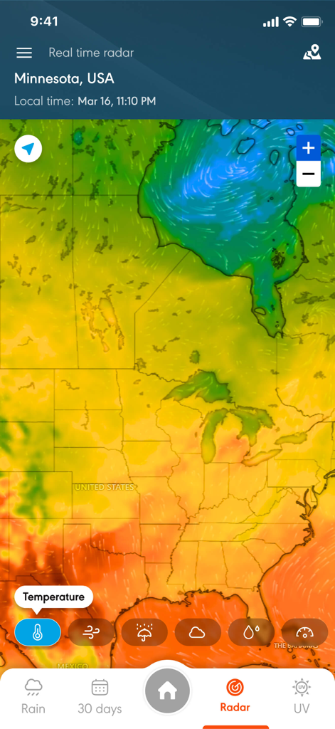 Real time weather radar map for the United States showing temperature forecast