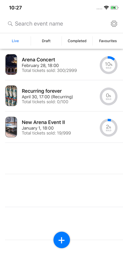 Painel do organizador Billetto mostrando listas de eventos ao vivo com estatísticas de vendas de ingressos e barras de progresso.