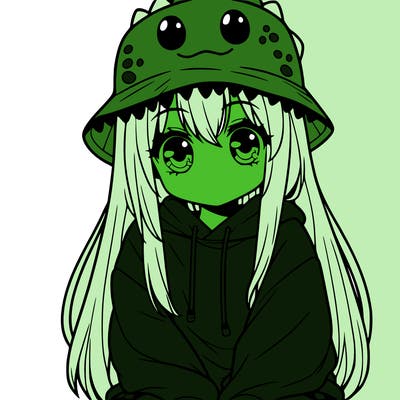 girl with anime shaped eyes with a dinosaur bucket hat oversized sweatshirt long straight hair