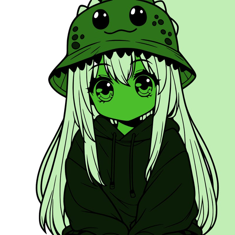 girl with anime shaped eyes with a dinosaur bucket hat oversized sweatshirt long straight hair