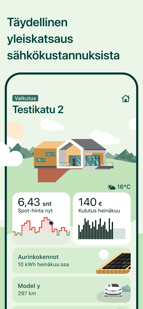 Nordic Green Energy Finland - 電力スポット価格、家庭消費コスト、ソーラーパネル発電量、電気自動車充電ステータスを表示するモバイルアプリのダッシュボード。