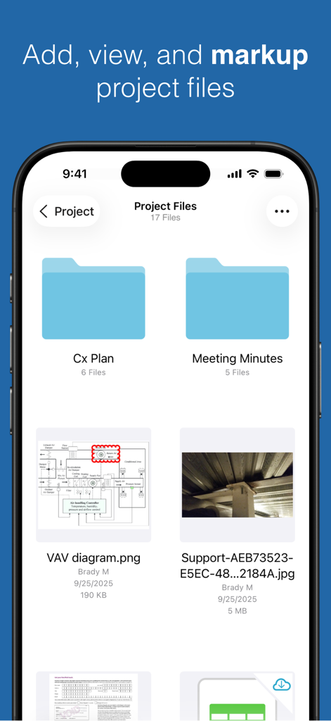 커미셔닝 작업을 위한 폴더, 다이어그램 및 건설 현장 사진을 보여주는 CxAlloy TQ의 프로젝트 파일 화면