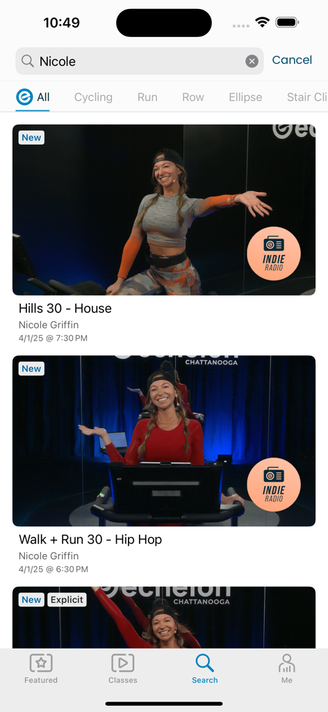 Echelon Fit app search screen showing cycling and running classes by an instructor.