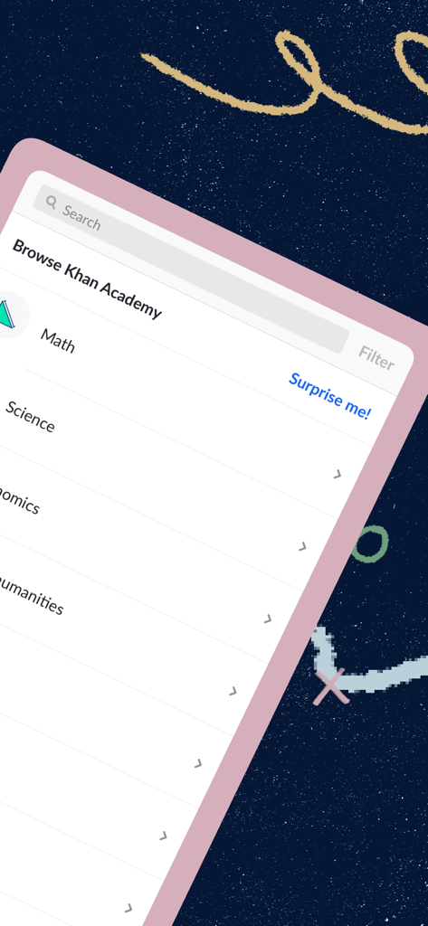 Khan Academy - The browse menu of the Khan Academy mobile app showing educational categories like Math and Science