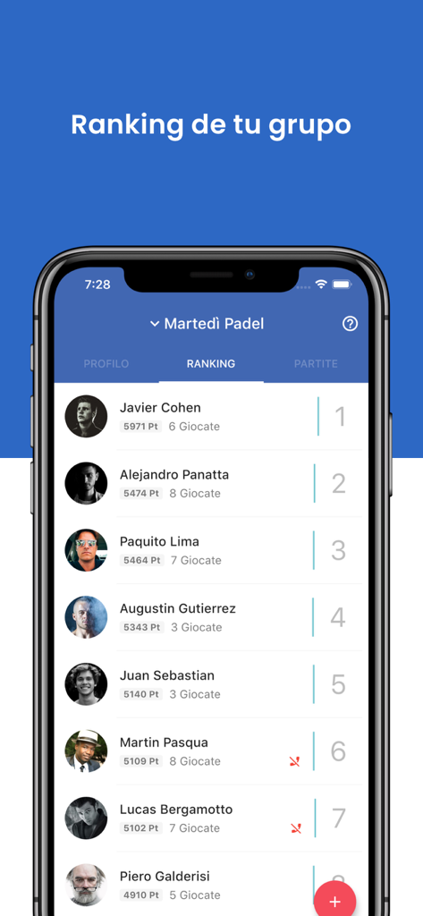Padel Ranking - Padel Ranking app interface displaying a leaderboard of players with points and match counts.