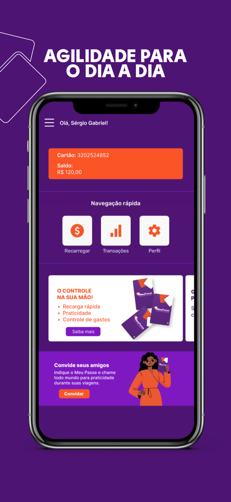Meu Passe BR - Interfaz de la aplicación Meu Passe BR que muestra el saldo de la tarjeta de transporte y las opciones de recarga