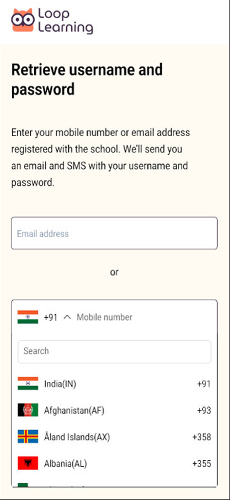 Loop Learning - Loop Learning app screen for retrieving username and password via email or mobile number