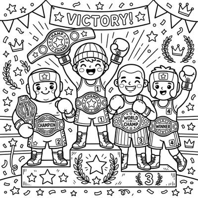 Celebrate a knockout victory with this charming Kawaii boxing champions coloring page. These adorable boxers are proudly displaying their championship belts on a festive podium, ready for your creative touch.