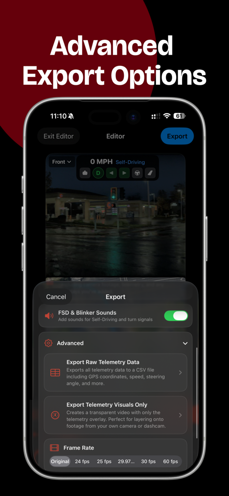 TesCam Studio - TesCam Studio app interface showing advanced export options for Tesla dashcam footage including raw telemetry data and frame rate settings
