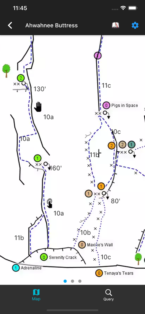 Mapa de croquis de escalada interactivo para Ahwahnee Buttress en el Valle de Yosemite que muestra grados y rutas