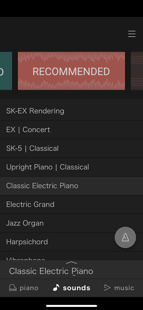 PianoRemote - PianoRemote app interface showing a list of selectable digital piano sounds including concert grand upright and electric piano options
