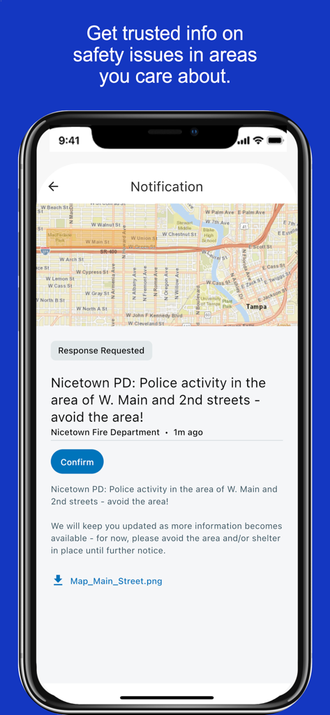 Emergency notification for police activity in the Public Safety by Everbridge app showing a map and confirm button