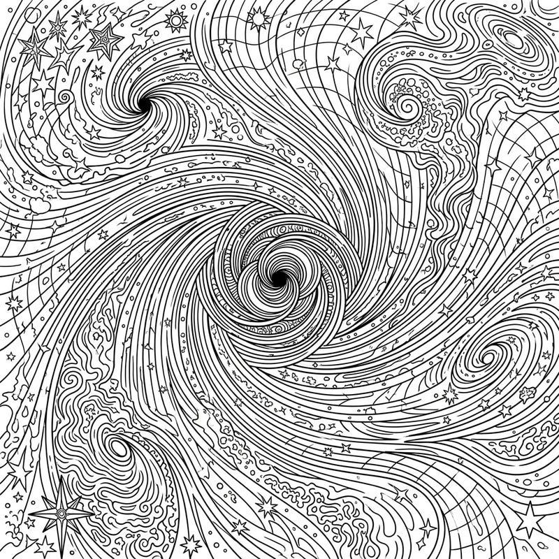 Delve into the breathtaking complexity of a Gravitational Singularity with this stunning coloring page. It features swirling cosmic dust and warped spacetime for an unforgettable artistic adventure.