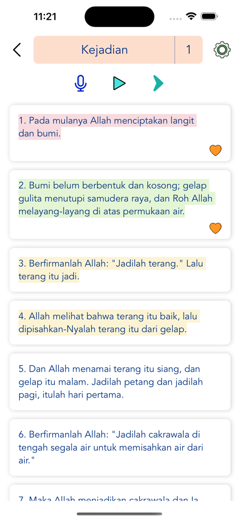 Alkitab Audio - Mobile app interface of Alkitab Audio showing Indonesian Bible verses from Genesis with audio playback controls and highlighted text.