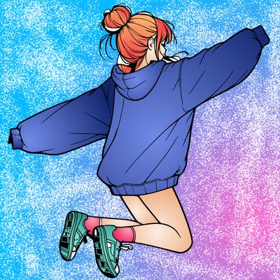 realistic girl jumping with a bun and oversized sweatshirt