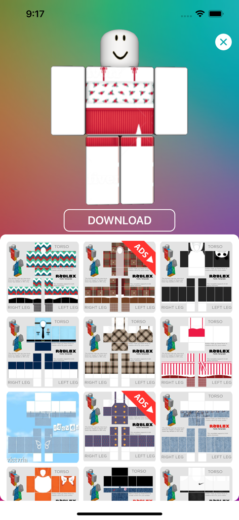 Skins Clothes - Avatar Editor - Interface showing various clothing templates for Roblox avatars and a preview model