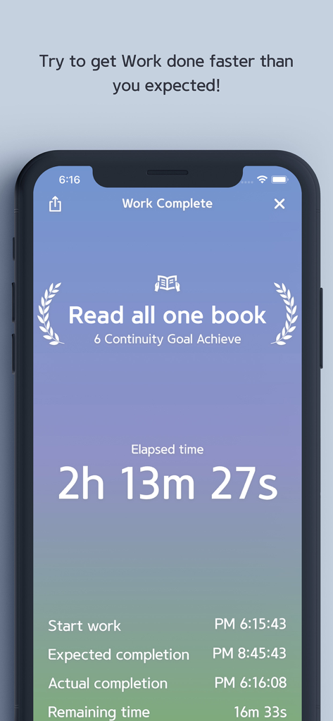 Hourglass - Time Estimation - A screenshot of the Hourglass app showing a Work Complete screen for a reading task with elapsed time and estimation details.