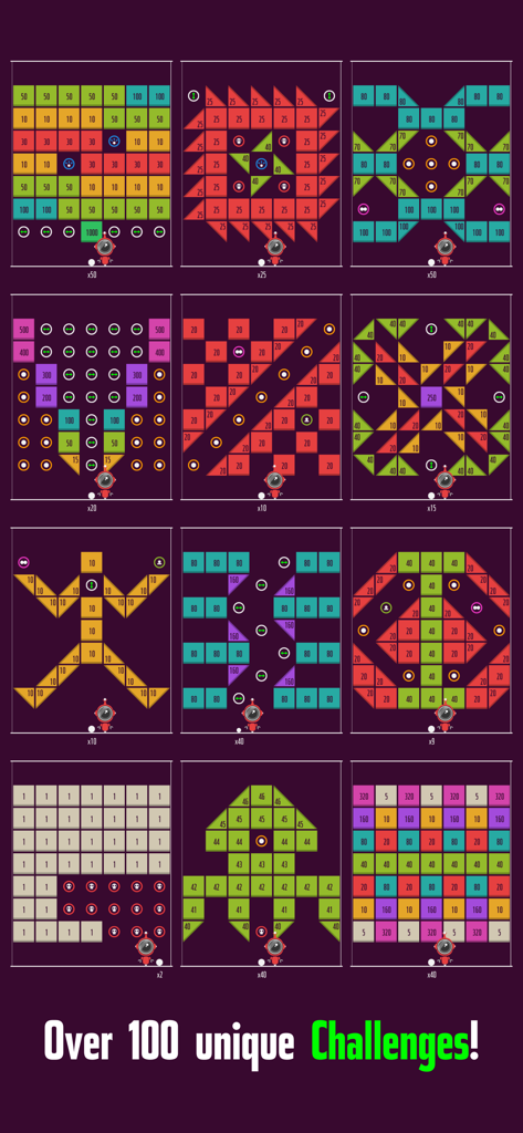 One More Brick - A collage of twelve different colorful brick breaker level layouts showcasing unique in-game challenges