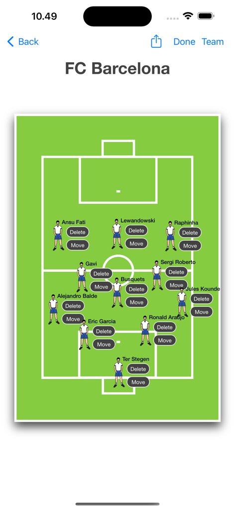 A soccer team lineup editor showing players positioned on a tactical field for FC Barcelona.
