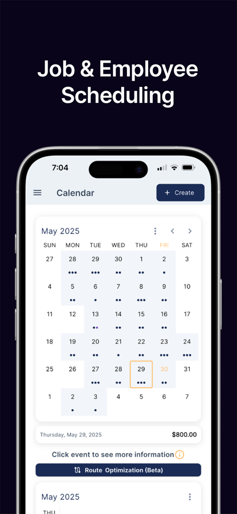 QuoteIQ mobile app showing the job and employee scheduling calendar interface