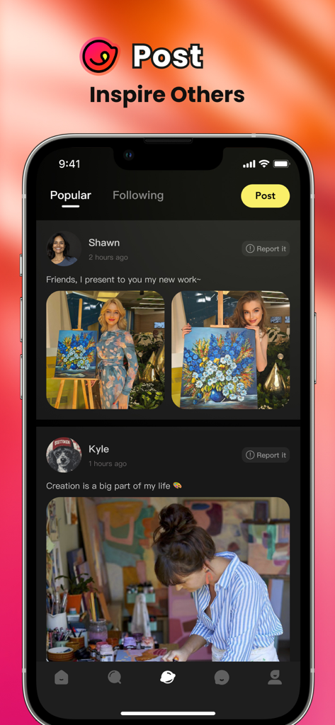 Bitty: Video, Live, Match - A mobile interface of the Bitty app showing a popular feed with posts from artists sharing their paintings and creative studio spaces.