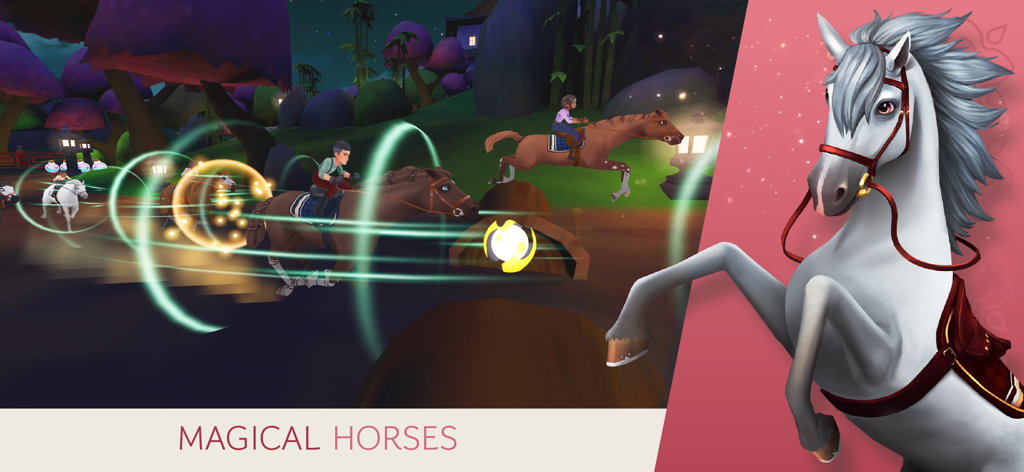 Wildshade Fantasy Horse Races - A group of horses racing through a magical fantasy world with glowing green light trails and a close up of a white horse