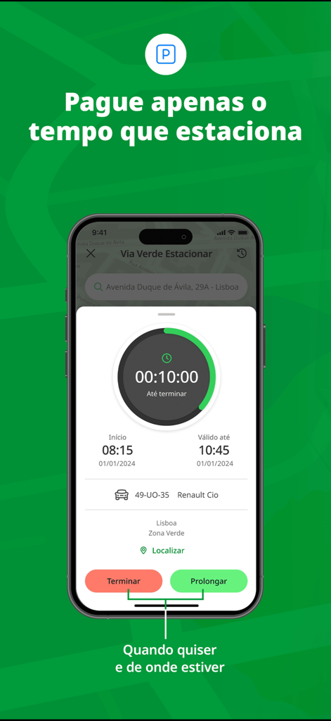 Captura de pantalla de la app Via Verde que muestra un temporizador de sesión de aparcamiento con opciones para finalizar o extender el aparcamiento de forma remota en un iPhone.
