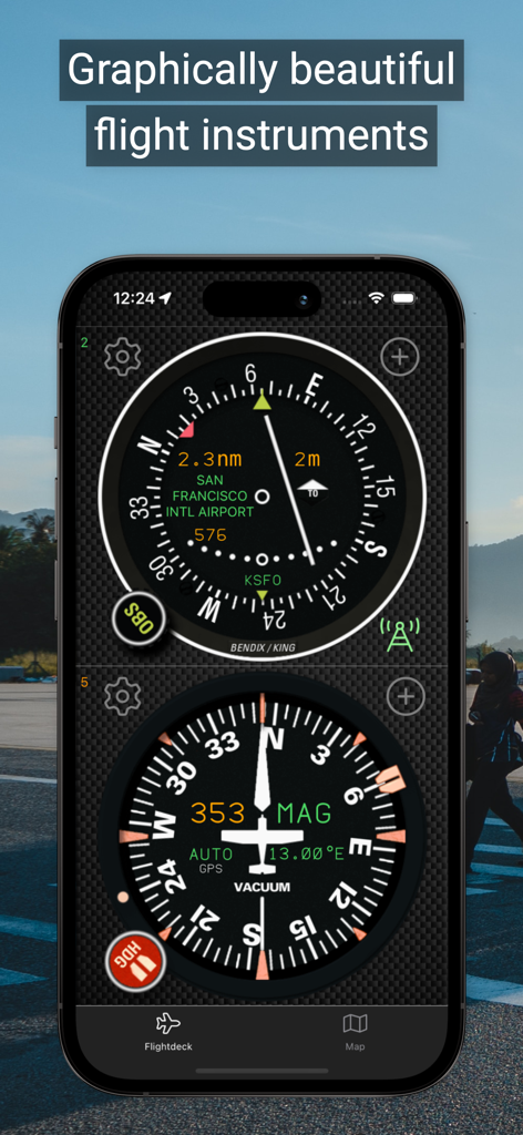 fDeck: flight instruments - Ein Smartphone zeigt hochpräzise Fluginstrumente, darunter einen Horizontal Situation Indicator und einen Kursanzeiger aus der fDeck App.