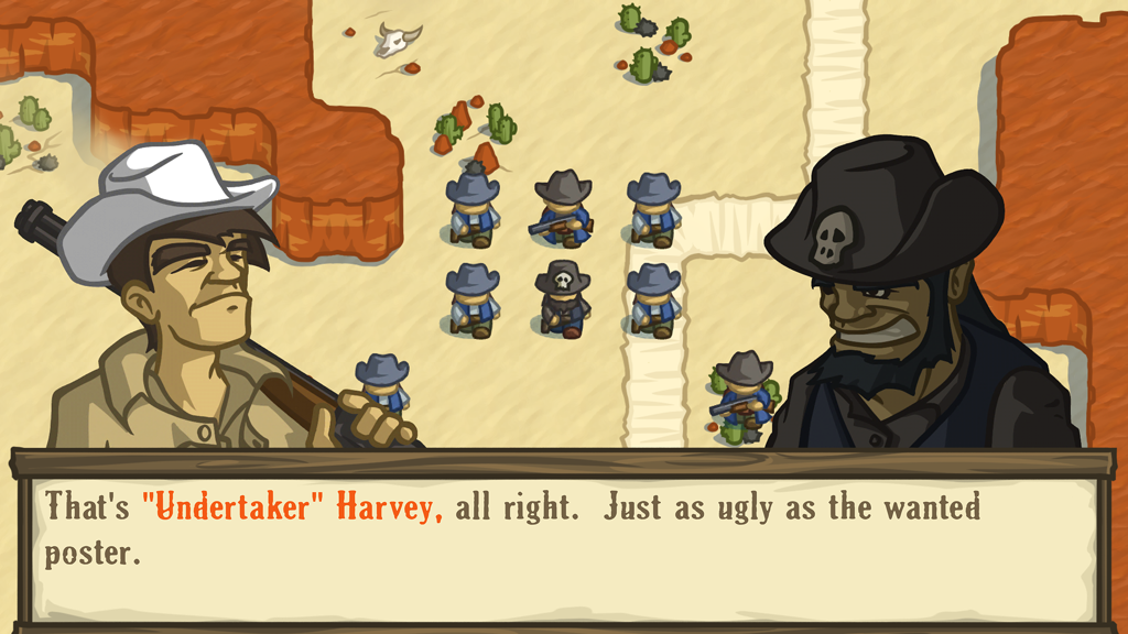 Uma tela de diálogo de personagem no jogo de estratégia por turnos Lost Frontier.