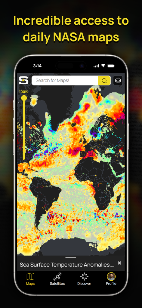 Soar - The New Atlas - A mobile app screen showing a NASA sea surface temperature anomalies heatmap on a global map within the Soar interface