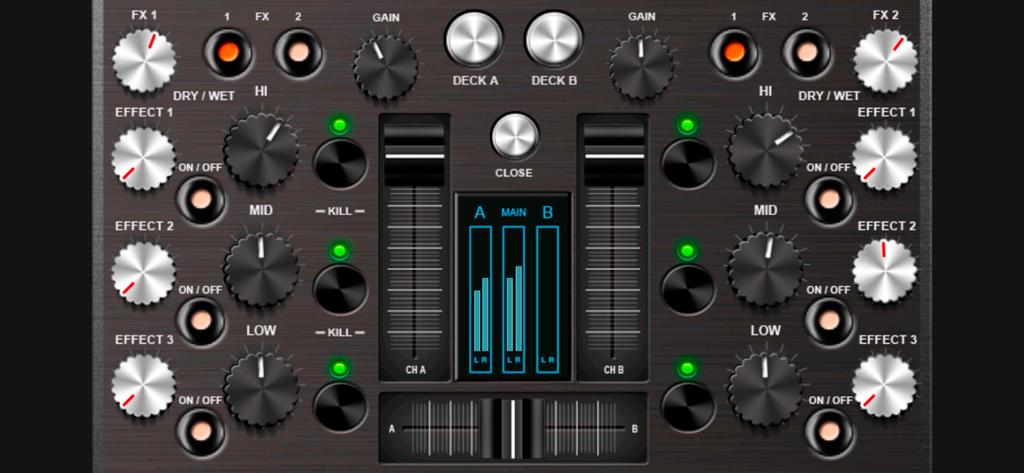 Digital DJ mixer interface featuring volume faders EQ knobs and crossfader