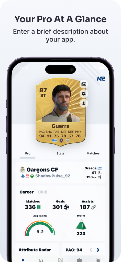 MyPlayer+ - Dashboard der MyPlayer+ App, das Karrierestatistiken von Fußballspielern und eine anpassbare Spielerkarte anzeigt.