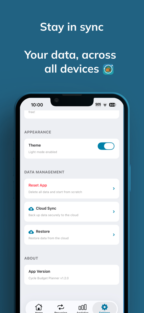 YBUD: Your Budget Planner - Settings screen of YBUD budget planner showing cloud sync and appearance options.