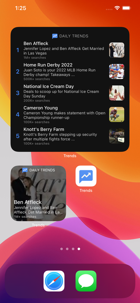 일일 검색 트렌드를 보여주는 Google 트렌드 인기 급상승 주제 앱의 여러 위젯이 포함된 iPhone 홈 화면