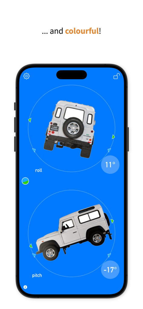 3pLevel - Inclinometer - La interfaz de la aplicación 3pLevel muestra grados de cabeceo y balanceo para un vehículo todoterreno