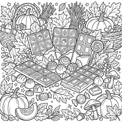 Dive into the cozy delights of autumn with this bountiful coloring page featuring an array of delicious chocolates and candies. Surrounded by festive pumpkins, crisp leaves, and harvest elements, this scene offers a sweet artistic escape.