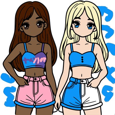 two sisters with crop tops and jean shorts and straight hair