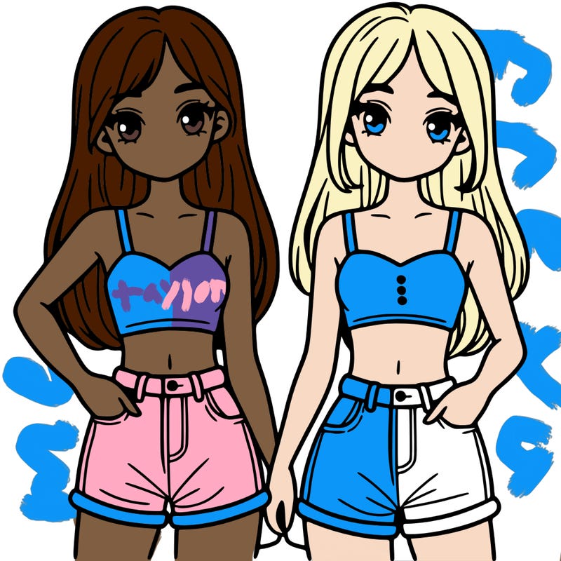 two sisters with crop tops and jean shorts and straight hair